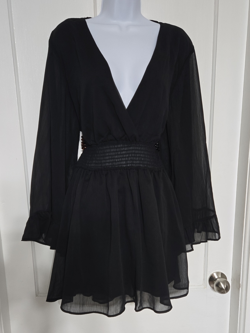 Gothic Summer Dress Or Top  Black V-Neck Long Sleeve Smocked Waist